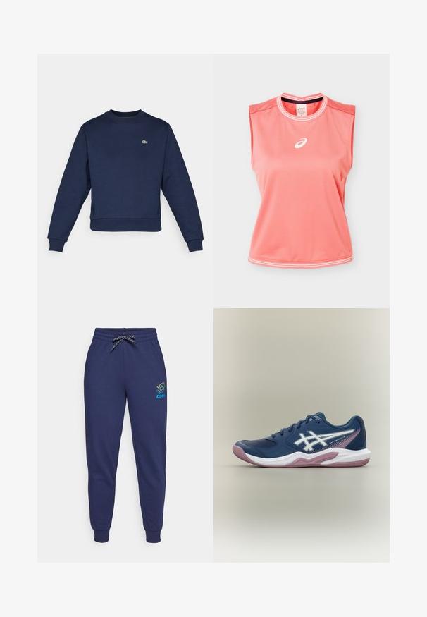 Marineblå sweatshirt lavet af blødt stof, med rund halsudskæring og ribbede manchetter. Lille grøn Lacoste-logo på brystet.; Ærmeløs atletisk tanktop i koralpink med hvide kanter på krave og kant, med hvidt Asics-logo centreret på brystet.; Mørkeblå sweatpants med snor i taljen og ankelsyninger. Har et Lotto-logo i livlige farver på venstre lår. Lavet af blødt stof.; Marineblå atletiksko med hvid og pink sål, hvidt logo på siden, snøredesign og meshdetaljer på tåen og siderne.
