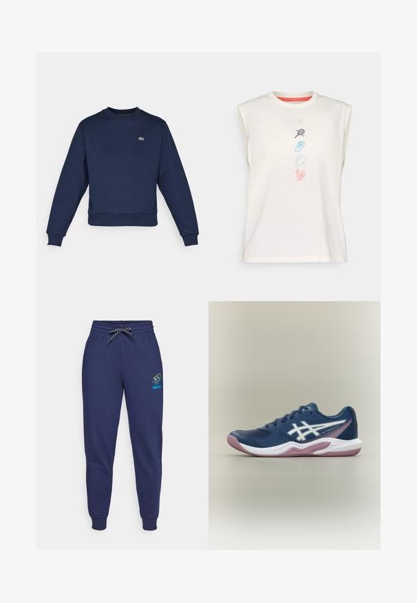 Marineblå sweatshirt lavet af blødt stof, med rund halsudskæring og ribbede manchetter. Lille grøn Lacoste-logo på brystet.; Lyscremet bomulds ærmeløs t-shirt med rund hals, prydet med farverige broderede ikoner: muslingeskal, tennisracket, spiral, bold, høne.; Mørkeblå sweatpants med snor i taljen og ankelsyninger. Har et Lotto-logo i livlige farver på venstre lår. Lavet af blødt stof.; Marineblå atletiksko med hvid og pink sål, hvidt logo på siden, snøredesign og meshdetaljer på tåen og siderne.