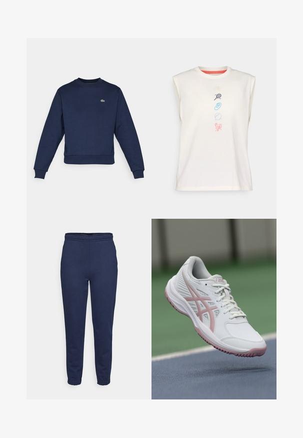 Námornícky modrá mikina vyrobená z jemnej látky, s okrúhlym výstrihom a ribbovanými manžetami. Malé zelené logo Lacoste na hrudi.; Svetlý krémový bavlnený tielko bez rukávov s okrúhlym výstrihom, zdobené farebnými vyšívanými ikonkami: mušľa, tenisová raketa, špirála, loptu, kohút.; Námornícky modré tepláky s elastickým pásom a manžetami na členkoch, predný pohľad, vyrobené z mäkkej tkaniny na bežné nosenie.; Biele športové topánky s ružovými akcentmi, syntetický materiál, zaoblený špička, sieťovinové bočné panely a texturovaná podrážka. Viditeľné šnurovanie v prednej časti a značka ASICS.