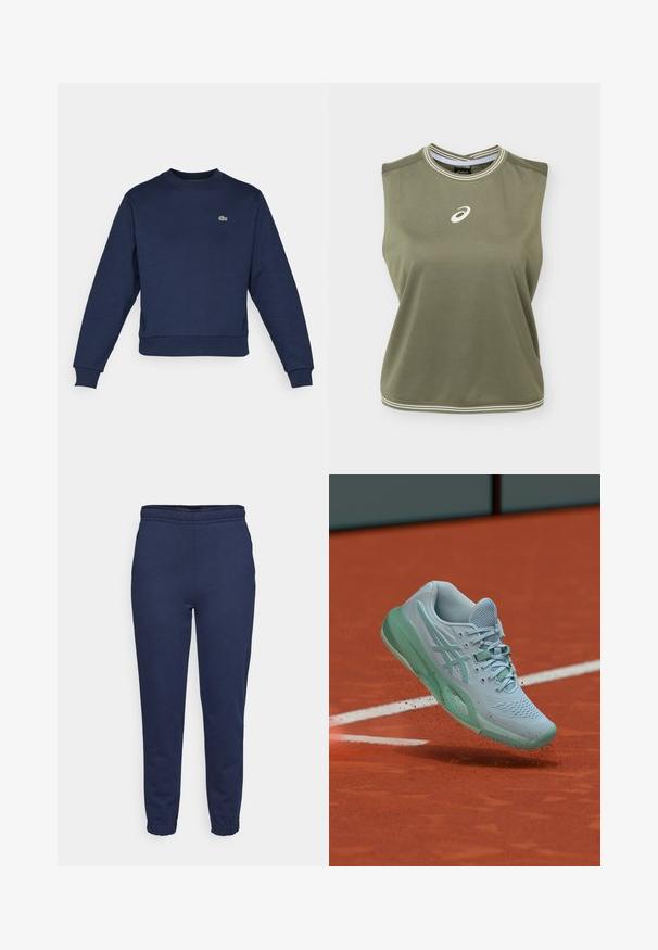 Dunkelblauer Hoodie aus weichem Stoff, mit Rundhalsausschnitt und gerippten Bündchen. Kleines grünes Lacoste-Logo auf der Brust.; Ärmelloses olivgrünes Sporttop mit weißem Asics-Logo mittig auf der Brust, weiß gestreiftem rundem Ausschnitt und Saum.; Marineblaue Jogginghose mit elastischem Bund und Knöchelabschlüssen, Vorderansicht, aus weichem Stoff für lässige Outfits.; Hellblauer Tennisschuh wirbelt Tonstaub auf einem orangefarbenen Tennisplatz nahe einer weißen Begrenzungslinie auf.