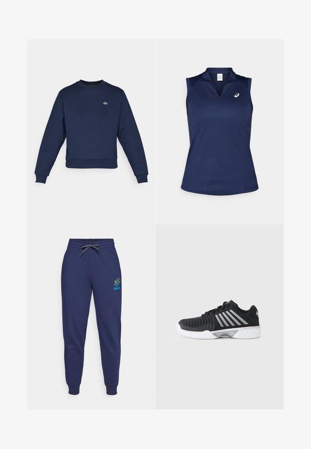 Marineblå sweatshirt lavet af blødt stof, med rund halsudskæring og ribbede manchetter. Lille grøn Lacoste-logo på brystet.; Marineblå ærmeløs træningstopp med V-udskæring, lavet af glat, svedtransporterende materiale; har flade sømme og et lille logo på venstre bryst.; Mørkeblå sweatpants med snor i taljen og ankelsyninger. Har et Lotto-logo i livlige farver på venstre lår. Lavet af blødt stof.; Sort atletiksko med hvid sål, diagonale hvide striber på siden, struktureret tåhætte og snørelukning på en grå baggrund.