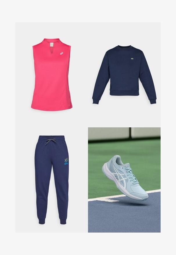 Navyblauwe sweatshirt van zachte stof, met een ronde hals en ribgebreide manchetten. Klein groen Lacoste-logo op de borst.; ASICS COURT TANK - Top - bright rose; Navy blauwe sweatpants met een verstelbare tailleband en enkelmanchetten. Kenmerkt zich door een Lotto-logo in levendige kleuren op het linkerdij. Gemaakt van zachte stof.; Lichtblauwe sportschoen met mesh bovenwerk, gestructureerde details en een gevoerde zolen, zwevend boven een blauw sportveld.