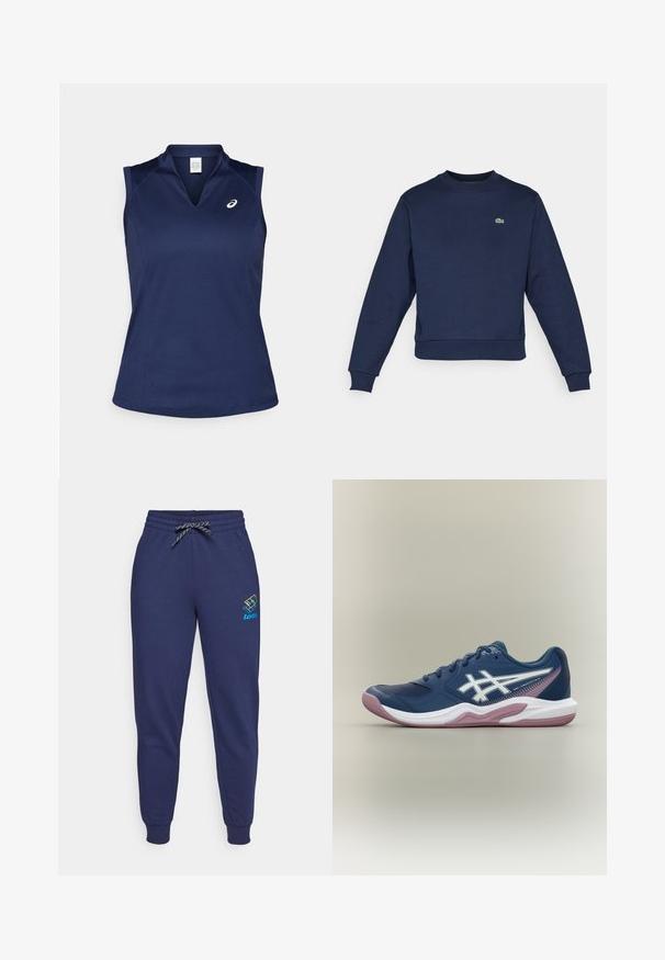 Navyblauwe sweatshirt van zachte stof, met een ronde hals en ribgebreide manchetten. Klein groen Lacoste-logo op de borst.; Marineblauw mouwloos sporttop met een V-hals, gemaakt van glad, vochtafvoerend materiaal; beschikt over platte naden en een klein logo op de linkerkant van de borst.; Navy blauwe sweatpants met een verstelbare tailleband en enkelmanchetten. Kenmerkt zich door een Lotto-logo in levendige kleuren op het linkerdij. Gemaakt van zachte stof.; Marineblauwe sportschoen met witte en roze zool, wit logo aan de zijkant, vetersluiting en meshdetails op de neus en zijkanten.