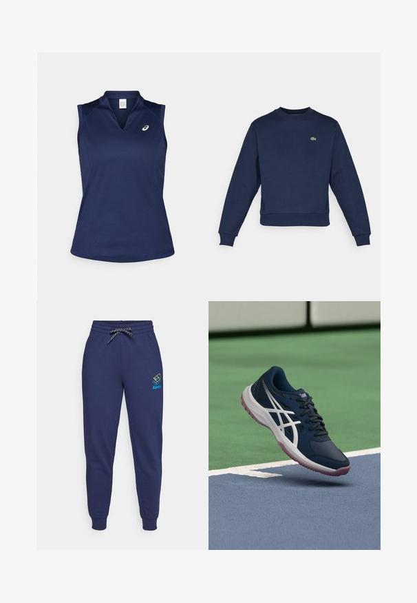 Tumedast sinine särk pehme kanga, ümmarguse kaeluse ja ribakäistega. Rinnal väike roheline Lacoste logo.; Tumesinishe vestiga spordi T-särk V-kaelusega, valmistatud siledast niiskust hülgavast kangast; sisaldab lamedaid õmblusi ja väikest logo vasakul rinnal.; Tumed sinised dressipüksid, millel on nööriga vöökoht ja ankle cuffs. Vasakul reitel on säravates värvides Lotto logo. Valmistatud pehmest kangast.; Tumesinine spordijalats valgete triipude ja roosa tallaga hõljumas tennisekogu lähedal.