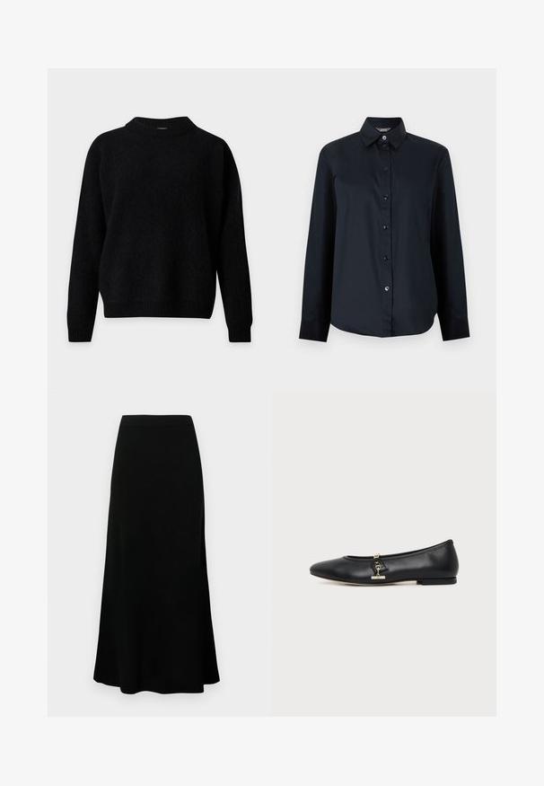 Zwarte trui met lange mouwen en ronde hals, met geribde kraag, manchetten en zoom, getoond op een witte achtergrond.; Zwarte blouse met lange mouwen, knoopsluiting, spitse kraag en licht gebogen zoom, afgebeeld op een effen lichtgrijze achtergrond.; Zwarte midi-rok met een aansluitende tailleband, uitlopende zoom, een gladde textuur en zonder zichtbare patronen of accenten.; Zwarte leren platte schoen met afgeronde neus en klein gouden gespsdetail aan de zijkant, getoond op een eenvoudige lichte achtergrond.