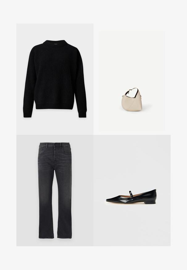 Sort langærmet rundhalset trøje med ribbet krave, manchetter og kant vist på hvid baggrund.; Sorte denimjeans med lige ben, der har et klassisk fem-lomme design, knaplukning og subtilt slid på stoffet.; Sorte patenterede læder Mary Jane flade sko med spids tå, én rem og lav hæl på ensfarvet baggrund.; Beige læder håndtaske i halvmåneform med en enkelt skulderrem og minimal syning, sat mod en ensartet hvid baggrund.