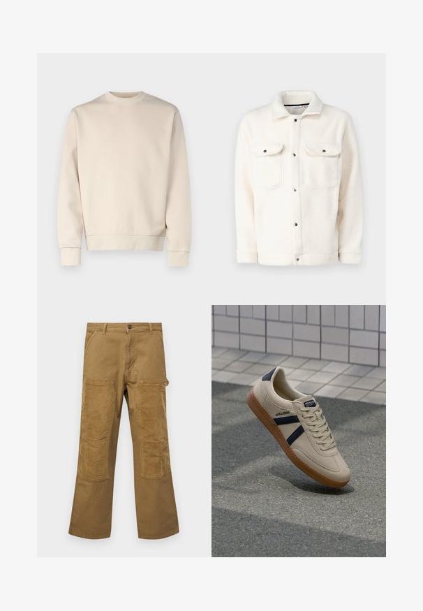 Sweat-shirt beige clair avec col rond, poignets et ourlet côtelés. Confectionné en tissu doux à la texture lisse. Design minimaliste, sans motifs.; Veste en polaire blanc cassé avec fermeture à boutons, deux poches poitrine et un col de chemise. Elle présente une surface texturée et des poignets arrondis.; Pantalons cargo en coton marron avec des patchs en tissu côtelé contrastant, coupe droite, cinq poches et une fermeture à bouton.; Baskets beiges avec une finition texturée, bandes navy et semelle en caoutchouc. Équipées d'une languette rembourrée et d'un système de laçage traditionnel pour un maintien sécurisé.