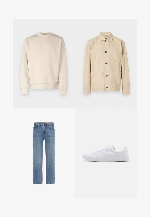 Lys beige sweatshirt med rund hals, ribbede manchetter og kant. Fremstillet af blødt stof med en glat tekstur. Minimalistisk design uden mønstre.; Lysebeige arbejdsjakke, bomuldsstof, med knapper foran, spids krave, to brystlommer, to nederste lommer, brune knapper, syningsdetaljer.; Lyseblå denimjeans med lige ben, der har klassisk fem-lommede design og synlige syninger. Ingen udsmykninger.; Hvide lærreds sneakers med gummisål, der har seks snørehuller, en struktureret tåkap og et minimalistisk design.