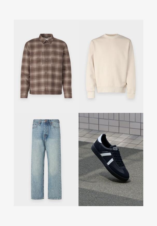 Hellbeiges Sweatshirt mit rundem Ausschnitt, gerippten Bündchen und Saum. Hergestellt aus weichem Stoff mit glatter Textur. Minimalistisches Design, keine Muster.; Braun karierte Hemd mit spitzem Kragen, zwei Brusttaschen und Knopfschluss, aus einem weichen, strukturierten Stoff gefertigt.; Hellblaue Jeans aus Denim mit geradem Bein, fünf Taschen und bronzener Hardware. Minimale Ausbleichungen mit einem sauberen Finish.; Schwarze Leder-Sneaker mit weißen Streifen, strukturiertem Gummisohle und Schnürung. Verfügt über ein Markenetikett auf der Zunge.