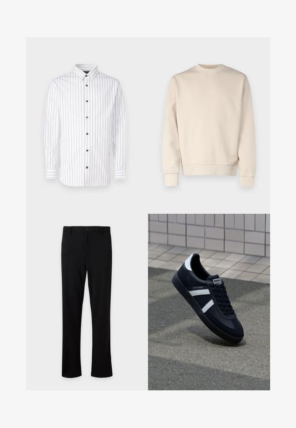 Lys beige sweatshirt med rund hals, ribbede manchetter og kant. Fremstillet af blødt stof med en glat tekstur. Minimalistisk design uden mønstre.; Hvid langærmet skjorte med smalle lodrette striber i rød og blå, knaplukning, spidse kraver og sorte knapper.; Sorte habitbukser med lige ben, knap- og lynlåslukning, bæltestropper og ingen synlige lommer, vist mod en ensfarvet lys baggrund.; Sort lædersneaker med hvide striber, tekstureret gummisål og snørrebånd foran. Har et brandet mærke på tungen.