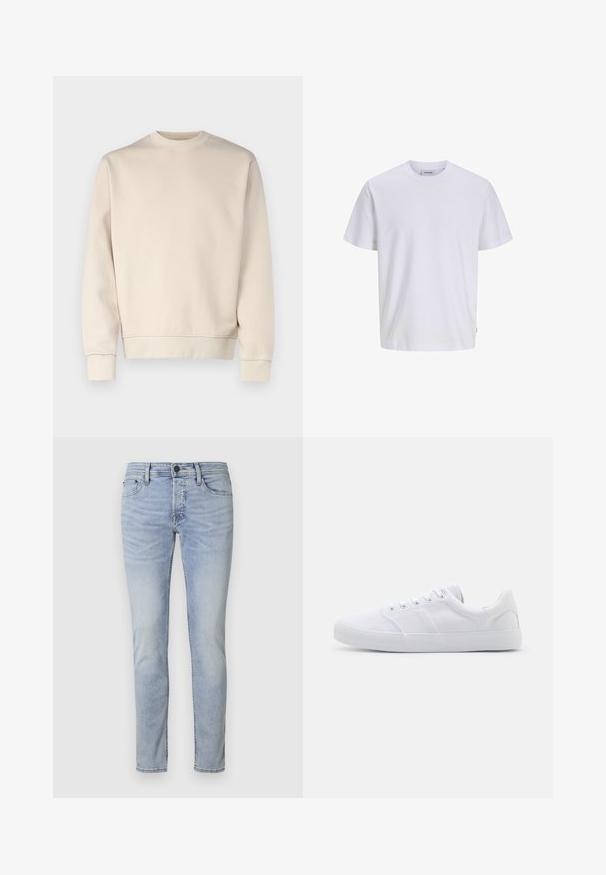 Lys beige sweatshirt med rund hals, ribbede manchetter og kant. Fremstillet af blødt stof med en glat tekstur. Minimalistisk design uden mønstre.; Enkelt hvid T-shirt med korte ærmer og rund halsåbning, med en lige kant forneden, vist på en hvid baggrund.; Lyseblå denimjeans med slim fit, femlommesdesign og lynlås. Har subtil fading og syet detaljering langs sømmene.; Hvide lærreds sneakers med gummisål, der har seks snørehuller, en struktureret tåkap og et minimalistisk design.