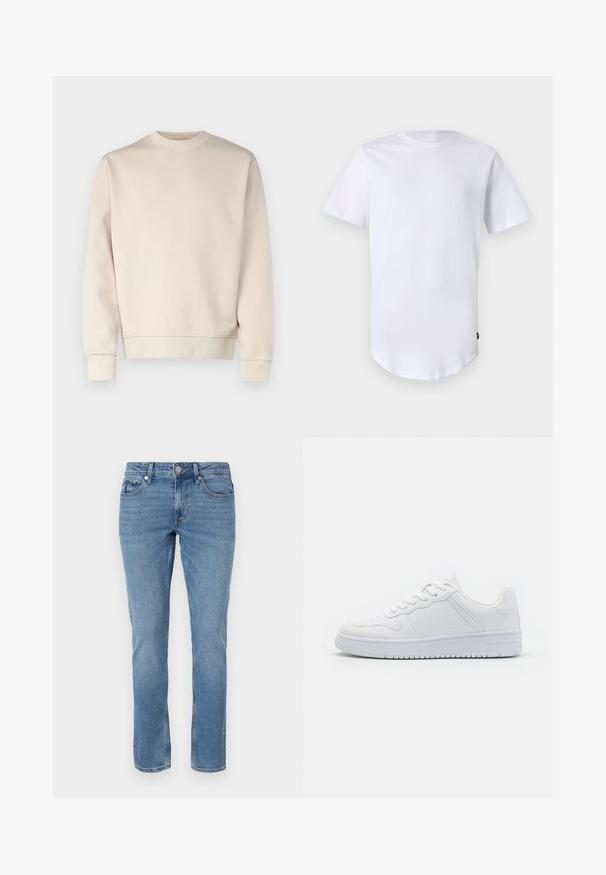 Sweat-shirt beige clair avec col rond, poignets et ourlet côtelés. Confectionné en tissu doux à la texture lisse. Design minimaliste, sans motifs.; T-shirt blanc à manches courtes en coton. Design à col rond avec un ourlet arrondi. Étiquette visible sur le côté inférieur gauche. Texture lisse.; Jean en denim bleu à jambes droites avec poches avant, passants de ceinture et fermeture à bouton.; Baskets blanches en matière synthétique lisse, avec des lacets plats, une pointe perforée et une semelle en caoutchouc dotée d'un motif de grip texturé.