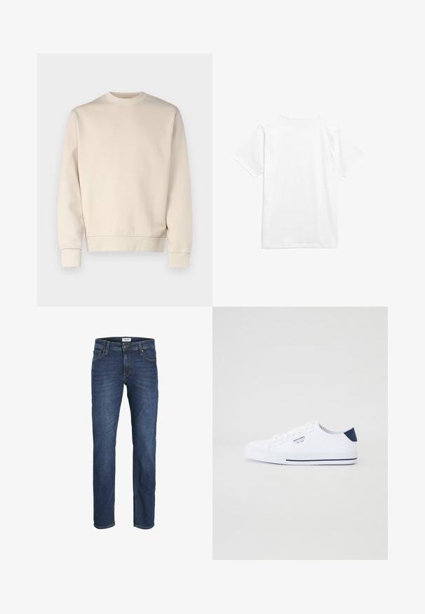 Lys beige sweatshirt med rund hals, ribbede manchetter og kant. Fremstillet af blødt stof med en glat tekstur. Minimalistisk design uden mønstre.; Hvid bomulds t-shirt med korte ærmer og rund halsudskæring. Stoffet ser glat ud uden mønstre eller synlig hardware.; Mørkeblå denim jeans med lige ben pasform, fem-lomme design og synlige syninger detaljer. Klassisk knap- og lynlås-lukning.; Hvide kanvas sneakers med en marineblå hælaccents, flad gummisål, rund tå og hvide snørebånd. Har logo på siden.