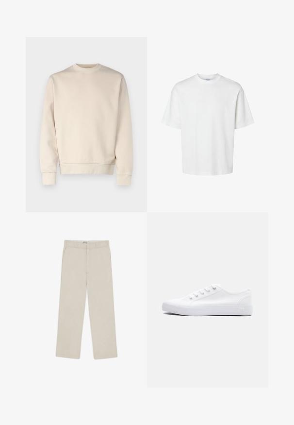 Lys beige sweatshirt med rund hals, ribbede manchetter og kant. Fremstillet af blødt stof med en glat tekstur. Minimalistisk design uden mønstre.; Enkel hvid t-shirt med korte ærmer, rund hals og løs pasform vist på hvid baggrund.; Beige brede bukser med en glat tekstur, der har bæltestropper, to frontlommer og en lynlåslukning. Minimalistisk design.; Lavtop hvid lærredsneaker med hvide snørebånd, gummisål og metaløjer, vist fra ydersiden på en ensfarvet baggrund.