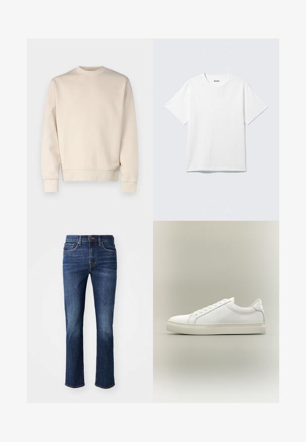 Lichtbeige sweatshirt met ronde hals, geribde manchetten en zoom. Gemaakt van zachte stof met een gladde textuur. Minimalistisch ontwerp, zonder patronen.; Witte T-shirt met korte mouwen en ronde hals, plat gelegd, effen ontwerp, met een "WEEKDAY" label in de kraag op een lichte achtergrond.; Donkerblauwe jeans met een rechte pasvorm. Kenmerken zijn een ritsgulp, zijzakken en subtiele vervaging op de dijen. Gemaakt van denimstof.; Witte lage sneaker met veters aan de voorkant en dikke zool, zijaanzicht tegen een neutrale achtergrond.