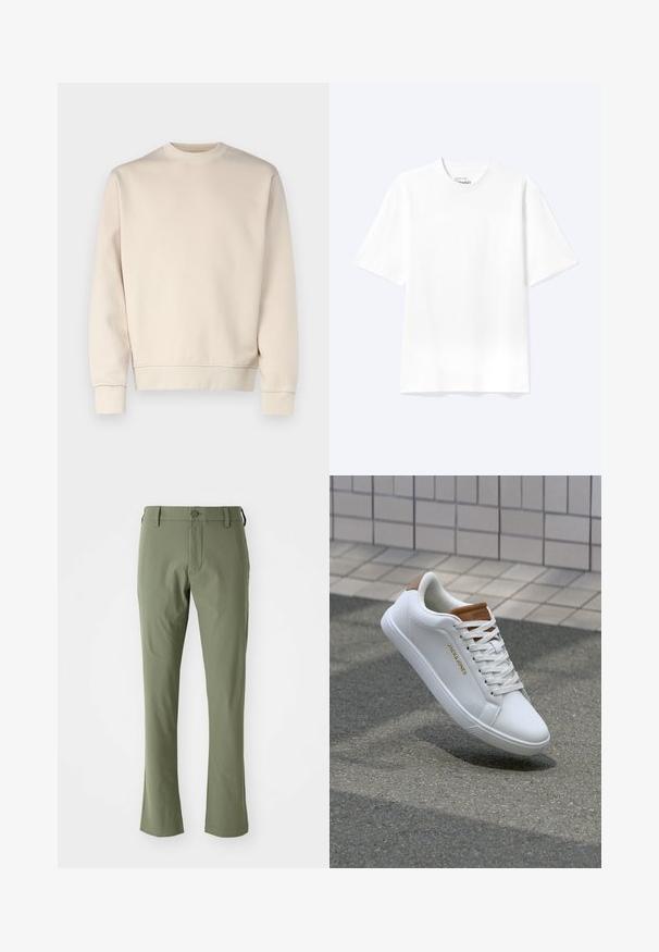 Lys beige sweatshirt med rund hals, ribbede manchetter og kant. Fremstillet af blødt stof med en glat tekstur. Minimalistisk design uden mønstre.; Enkel hvid T-shirt med korte ærmer og rund hals med afslappet pasform, vist på en lys baggrund.; Grønne skræddersyede bukser med slim fit, lavet af glat stof. Har en frontlynlås, knaplukning og lige sømme.; Hvide lædersneakers med en glat overflade, tan-akcent på hælen, gyldent logo på siden og en gummisål med tekstureret greb.