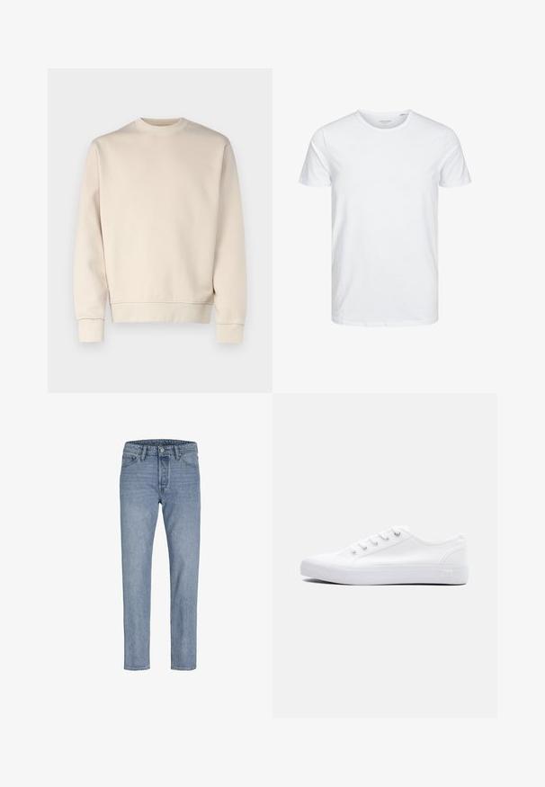 Hellbeiges Sweatshirt mit rundem Ausschnitt, gerippten Bündchen und Saum. Hergestellt aus weichem Stoff mit glatter Textur. Minimalistisches Design, keine Muster.; Rundhals-T-Shirt mit kurzen Ärmeln in reinem Weiß, aus weicher Baumwolle, mit einem schlichten Design ohne sichtbare Muster oder Akzente.; Helle blaue Jeans mit geradem Bein, Fünf-Taschen-Design, genähten Nähten und einem Knopfverschluss an der Taille.; Weißer Sneaker aus Leinwand mit niedrigem Schaft, weißen Schnürsenkeln, Gummisohle und Metallösen, von der Außenseite auf einem schlichten Hintergrund gezeigt.