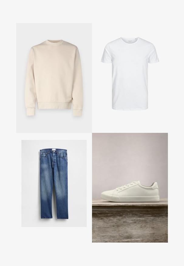 Sudadera de color beige claro con cuello redondo, puños y cinturilla acanalados. Fabricada con tela suave de textura lisa. Diseño minimalista, sin estampados.; Camiseta de manga corta y cuello redondo en blanco sólido, fabricada en algodón suave, presenta un diseño simple sin patrones ni acentos visibles.; Vaqueros de mezclilla azul con diseño de pierna recta, presentan desgaste en la parte frontal, estilo clásico de cinco bolsillos y remaches metálicos en los bolsillos.; Zapatilla blanca con cordones flotando sobre un banco de madera con follaje verde al fondo, mostrando el diseño y la textura del zapato.