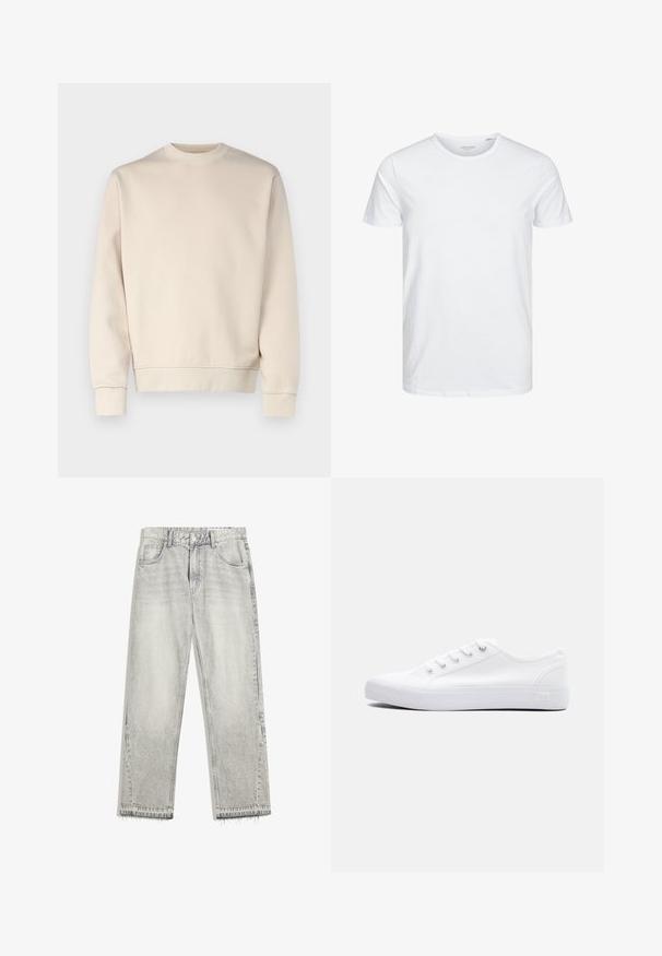 Lys beige sweatshirt med rund hals, ribbede manchetter og kant. Fremstillet af blødt stof med en glat tekstur. Minimalistisk design uden mønstre.; Rundhals kortærmet t-shirt i ensfarvet hvid, lavet af blød bomuld, har et simpelt design uden synlige mønstre eller detaljer.; Lys grå denimjeans med en let falmet finish, lige pasform, fem-lomme design og flosset søm. Flad taljebånd med bælteløkker.; Lavtop hvid lærredsneaker med hvide snørebånd, gummisål og metaløjer, vist fra ydersiden på en ensfarvet baggrund.
