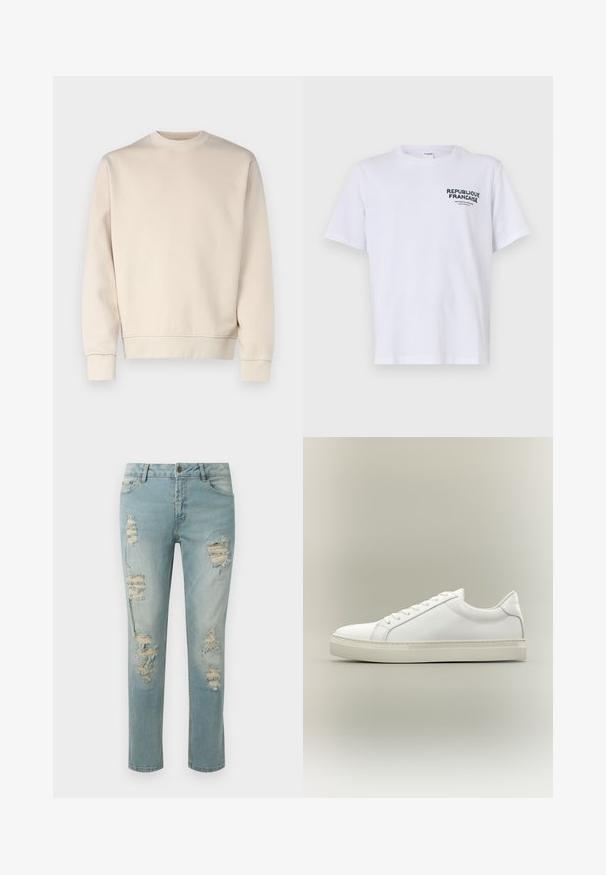 Lichtbeige sweatshirt met ronde hals, geribde manchetten en zoom. Gemaakt van zachte stof met een gladde textuur. Minimalistisch ontwerp, zonder patronen.; Witte katoenen t-shirt met korte mouwen en een ronde hals. De bedrukking op de linkerborst luidt "REPUBLIQUE FRANCAISE" in donkergroene letters.; Lichtblauwe verweerde jeans met gescheurde details en rafelige randen. Klassiek vijf-pocket ontwerp en een rechte pijp.; Witte lage sneaker met veters aan de voorkant en dikke zool, zijaanzicht tegen een neutrale achtergrond.