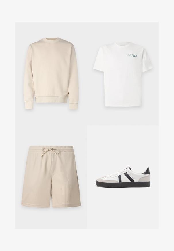 Sweat-shirt beige clair avec col rond, poignets et ourlet côtelés. Confectionné en tissu doux à la texture lisse. Design minimaliste, sans motifs.; T-shirt en coton blanc avec un col ras du cou. Le devant présente un texte vert : "PARK MOTEL Resort." Manches courtes et coupe décontractée. Texture lisse.; Shorts beige avec une texture côtelée, taille élastique avec cordon de serrage et poches latérales, présentant un design simple et fonctionnel.; Baskets blanches avec des accents noirs et gris, présentant un embout texturé gris, une semelle en caoutchouc noir et des lacets plats blancs. Design épuré, style minimaliste.