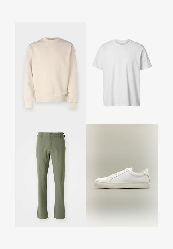 Lys beige sweatshirt med rund hals, ribbede manchetter og kant. Fremstillet af blødt stof med en glat tekstur. Minimalistisk design uden mønstre.; Enkelt hvid T-shirt med korte ærmer og rund hals, løs pasform og uden synlige logoer eller designs foran.; Grønne skræddersyede bukser med slim fit, lavet af glat stof. Har en frontlynlås, knaplukning og lige sømme.; Hvid lavtop sneaker med snørebånd foran og tyk sål, vist fra siden mod en neutral baggrund.