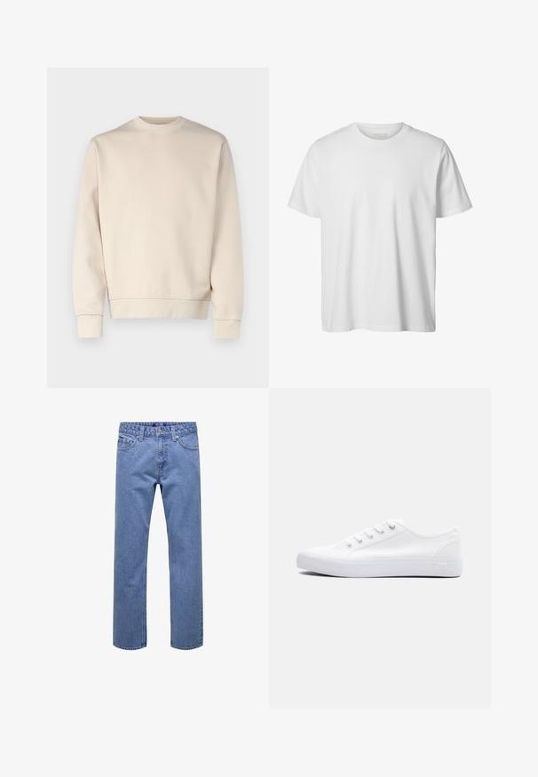 Hellbeiges Sweatshirt mit rundem Ausschnitt, gerippten Bündchen und Saum. Hergestellt aus weichem Stoff mit glatter Textur. Minimalistisches Design, keine Muster.; Schlichtes weißes T-Shirt mit kurzen Ärmeln und Rundhalsausschnitt, lässiger Passform und ohne sichtbare Logos oder Designs auf der Vorderseite.; Jeans aus blauem Denim mit geradem Bein, vorn mit Knöpfen und Reißverschluss, Gürtelschlaufen sowie Taschen vorne und hinten.; Weißer Sneaker aus Leinwand mit niedrigem Schaft, weißen Schnürsenkeln, Gummisohle und Metallösen, von der Außenseite auf einem schlichten Hintergrund gezeigt.