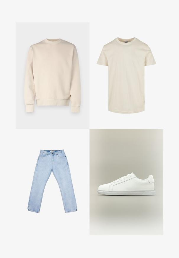 Sweat-shirt beige clair avec col rond, poignets et ourlet côtelés. Confectionné en tissu doux à la texture lisse. Design minimaliste, sans motifs.; T-shirt à manches courtes, col rond, de couleur beige clair. Fabriqué en coton doux, il présente une texture lisse et un ourlet droit.; Jean en denim bleu clair avec une coupe droite, comprenant cinq poches, une fermeture à bouton et un léger effet délavé. Pas de motifs ni de logos visibles.; Baskets blanches basses à lacets sur l'avant avec semelle en caoutchouc texturée, sur fond neutre uni.