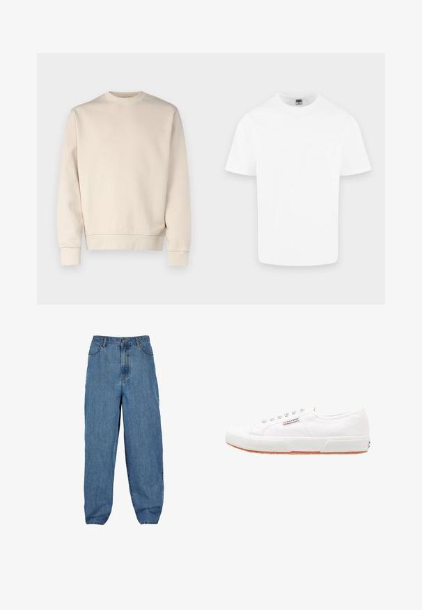 Lichtbeige sweatshirt met ronde hals, geribde manchetten en zoom. Gemaakt van zachte stof met een gladde textuur. Minimalistisch ontwerp, zonder patronen.; Effen witte katoenen T-shirt met korte mouwen en ronde hals, weergegeven op een lichtgrijze achtergrond.; Lichtblauwe denim broek met een hoge taille, wijde pijpen, vijf zakken en een knoop- en ritssluiting.; Witte canvas sneakers met een rubberen zool, vetersluiting en een klein logolabel aan de zijkant. Gewreven wit bovenwerk en een bruine zool.