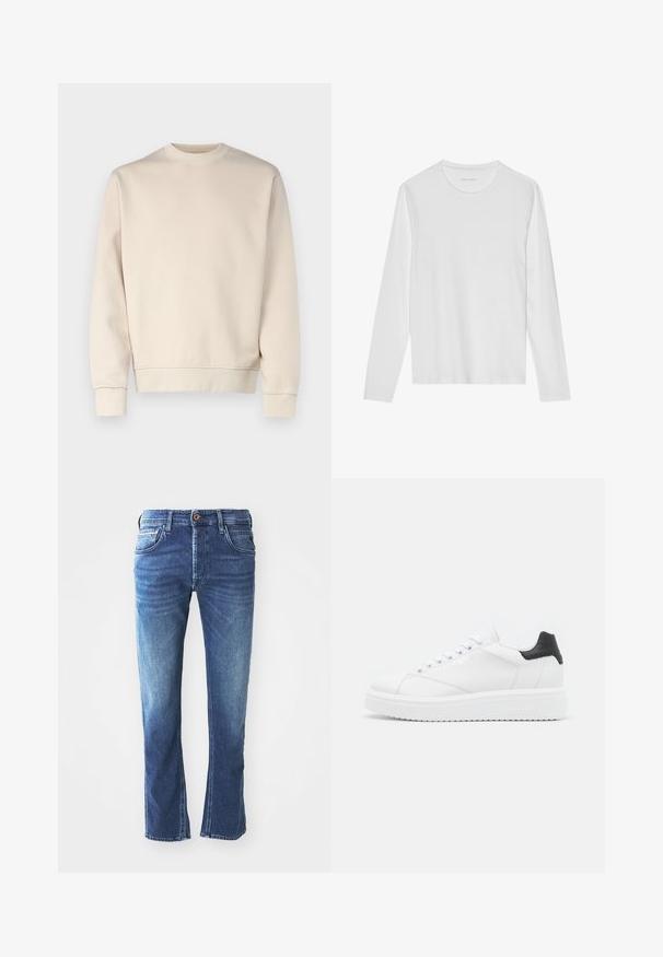 Hellbeiges Sweatshirt mit rundem Ausschnitt, gerippten Bündchen und Saum. Hergestellt aus weichem Stoff mit glatter Textur. Minimalistisches Design, keine Muster.; Langärmeliges weißes T-Shirt aus weicher Baumwolle, mit rundem Ausschnitt und glatter Textur ohne sichtbare Muster oder Akzente.; Dunkelblaue Jeans aus Denim mit geradem Bein, ausgestattet mit fünf Taschen, einem braunen Knopfverschluss und dezenten hellen Verfärbungen an den Oberschenkeln.; Weiße Leder-Sneaker mit schwarzem Fersenbereich, flachen Schnürsenkeln, strukturiertem Zwischensohlenteil und Branding auf der Außenseite. Entworfen für den Casual-Look.