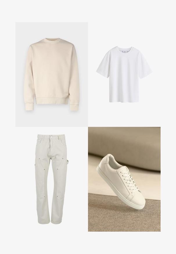 Lichtbeige sweatshirt met ronde hals, geribde manchetten en zoom. Gemaakt van zachte stof met een gladde textuur. Minimalistisch ontwerp, zonder patronen.; Effen wit katoenen T-shirt met korte mouwen en een ronde hals, van voren getoond op een witte achtergrond.; Lichtbeige cargobroek gemaakt van duurzaam katoen. Voorzien van meerdere zakken, drukknoopsluitingen en een rechte pijp.; Witte leren sneaker met witte veters, weergegeven op een beige textuurovervlak en een zacht vervaagd achtergrond.