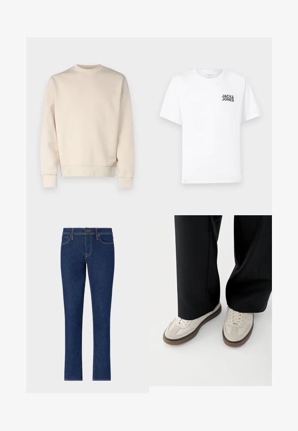 Lys beige sweatshirt med rund hals, ribbede manchetter og kant. Fremstillet af blødt stof med en glat tekstur. Minimalistisk design uden mønstre.; Hvid bomulds t-shirt, korte ærmer, rund hals. Har et sort tekstlogo "JACK & JONES" på venstre brystområde. Enkelt, ensartet design.; Mørkeblå denim jeans med lige ben-design, der har diskrete sømme, fem lommer og en knaplukning i taljen.; Fødder iført beige sneakers med brune såler og sorte bukser med vide ben på hvid baggrund.