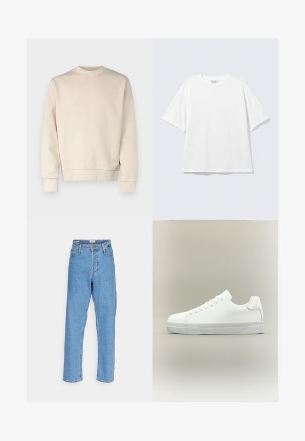Lys beige sweatshirt med rund hals, ribbede manchetter og kant. Fremstillet af blødt stof med en glat tekstur. Minimalistisk design uden mønstre.; Hvid oversized t-shirt med korte ærmer og rund halsudskæring med sænkede skuldre, fladt lagt på lys grå baggrund.; Lyseblå højtaljede lige ben jeans med knap foran, lynlåslukning, bæltestropper og fem-lomme design på hvid baggrund.; Hvid lavtop sneaker med snørelukning foran, polstret krave og tekstureret gummisål, vist i sidelayout på neutral baggrund.