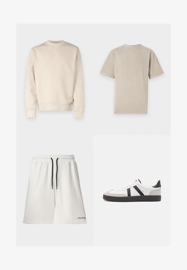 Lichtbeige sweatshirt met ronde hals, geribde manchetten en zoom. Gemaakt van zachte stof met een gladde textuur. Minimalistisch ontwerp, zonder patronen.; Korte mouwen t-shirt in licht beige met een ronde hals, gemaakt van zacht materiaal, met een gladde textuur en een eenvoudig ontwerp zonder graphics.; Witte katoenen shorts met een trekkoord in de taille en zwarte accenten. Voorzien van zijzakken en een klein logo op de zoom. Zachte textuur.; Witte sneaker met zwarte en grijze accenten, voorzien van een grijze neus met textuur, zwarte rubberen zool en platte witte veters. Schoon ontwerp, minimalistische stijl.