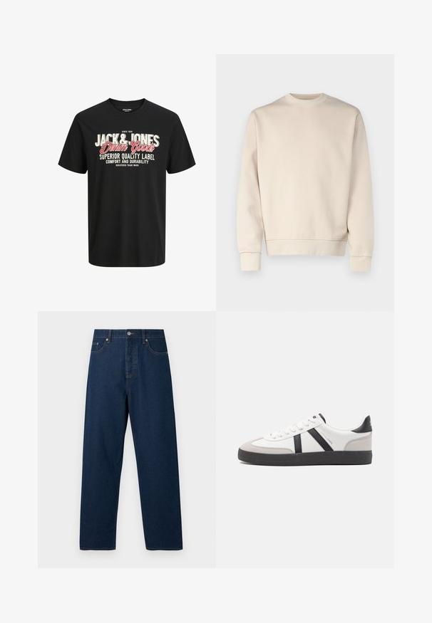 Lichtbeige sweatshirt met ronde hals, geribde manchetten en zoom. Gemaakt van zachte stof met een gladde textuur. Minimalistisch ontwerp, zonder patronen.; Zwart kortemouwen T-shirt met "Jack & Jones Denim Goods" in grote witte en rode tekst, plus kleinere witte tekst over kwaliteit en duurzaamheid.; Donkerblauwe denimjeans met een rechte snit, vijf zakken en een knoopsluiting. Kenmerkt zich door contrasterende stiksels en een klassieke tailleband.; Witte sneaker met zwarte en grijze accenten, voorzien van een grijze neus met textuur, zwarte rubberen zool en platte witte veters. Schoon ontwerp, minimalistische stijl.