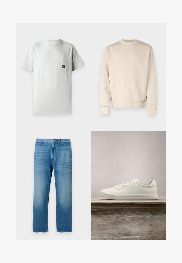 Lichtbeige sweatshirt met ronde hals, geribde manchetten en zoom. Gemaakt van zachte stof met een gladde textuur. Minimalistisch ontwerp, zonder patronen.; Heren grijs katoenen t-shirt met een ronde hals, korte mouwen en een borstzak aan de linkerkant met een klein zwart logo-label.; Lichtblauwe denim jeans met een rechte pasvorm, vijf-pocket ontwerp, knoopsluiting en subtiele vervaging aan de voorkant. Geen zichtbare patronen.; Witte vetersneaker die boven een houten bank zweeft met groene bladeren op de achtergrond, waarbij het ontwerp en de textuur van de schoen worden getoond.