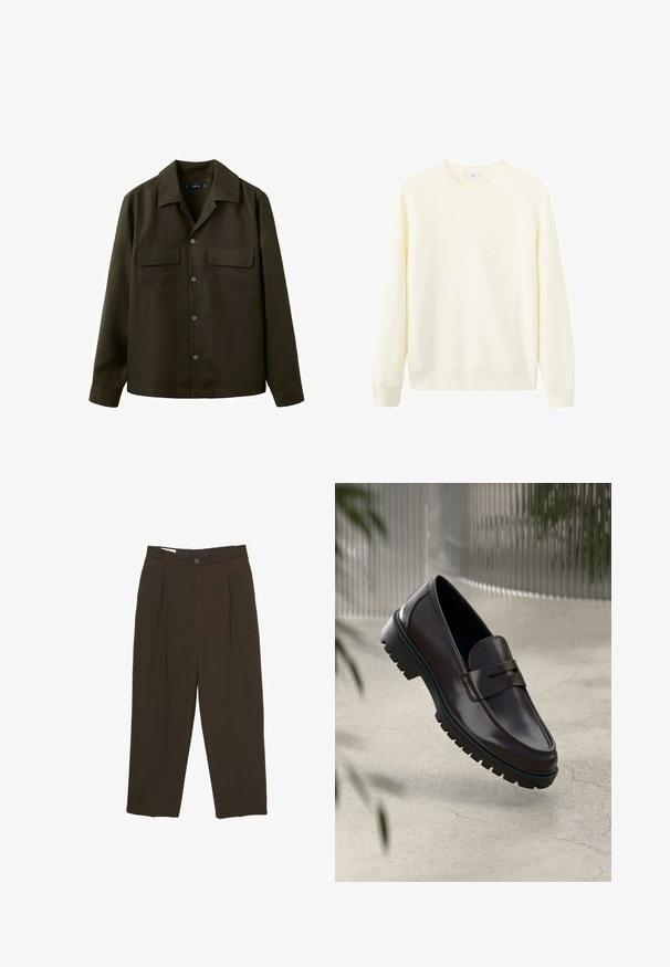 Pull crème clair, texture côtelée, col rond, manches longues et ourlet droit. Tissu doux sans motifs ni accents visibles.; Veste-chemise boutonnée vert olive foncé avec deux poches à rabat à l'avant et un col classique.; Pantalons ajustés marron foncé avec des plis à l'avant, passants de ceinture et fermeture à bouton à la taille.; Mocassins en cuir marron avec une semelle en caoutchouc texturée et striée. Présente un design épuré et une sangle décorative sur le cou-de-pied.