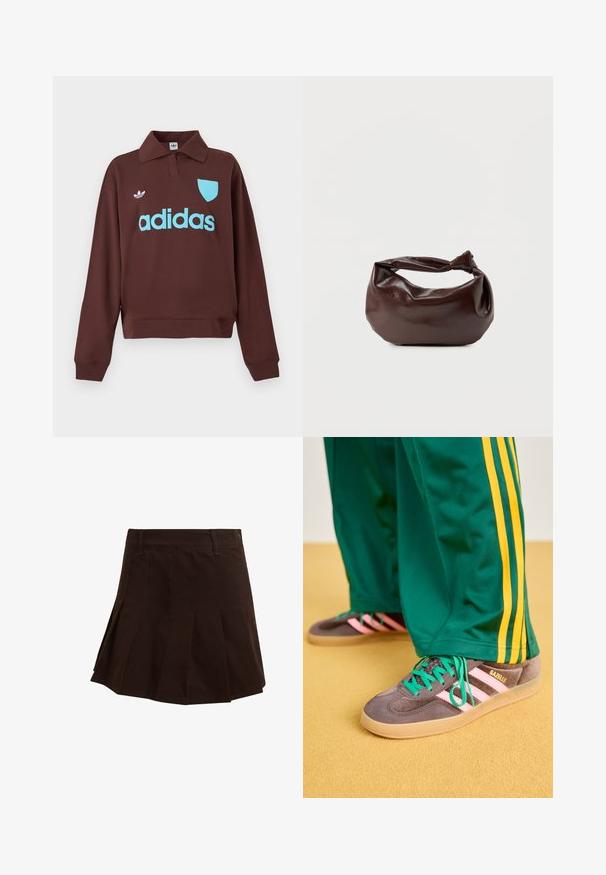 Brauner Pullover mit Polo-Kragen, versehen mit einem hellblauen "adidas"-Logo und einem Wappendetail, aus weichem Stoff mit lässiger Passform.; Brauner Faltenrock aus Baumwolle. Verfügt über einen Bund mit Gürtelschlaufen und eine glatte Textur. Kurze Länge mit maßgeschneiderten Falten.; Grüne Jogginghosen mit gelben Streifen, kombiniert mit grauen Adidas Gazelle Sneakern mit pinken Streifen und grünen Schnürsenkeln auf einem gelben Boden.; Dunkelbraune Lederschultertasche mit weicher, lockerer Form und einem gedrehten Knotengriff vor schlichtem weißem Hintergrund.
