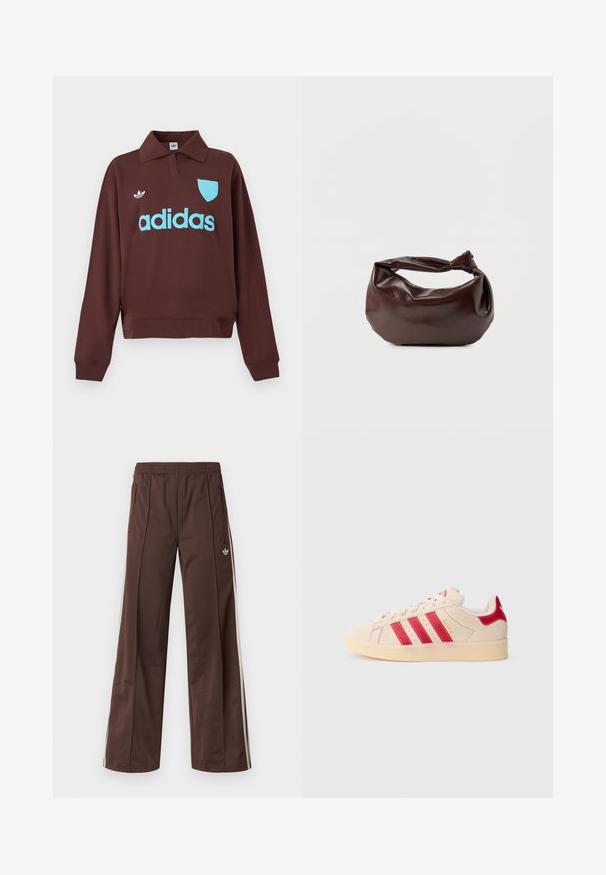 Brun sweatshirt med polo krave, der har en lys blå "adidas" logo og skjolddetalje, lavet af blødt stof med en afslappet pasform.; Brune atletiske bukser med vidde ben, hvide striber på siden, elastisk linning og to sidelommer. Har et lille logo på benet.; Lave sneakers i blødt beige ruskind med tre røde striber, en rød hæl og en cremefarvet gummisål; minimalistisk design med diskret branding.; Mørkebrun læder skuldertaske med en blød, afslappet form og et snoet knudehåndtag på en ensartet hvid baggrund.