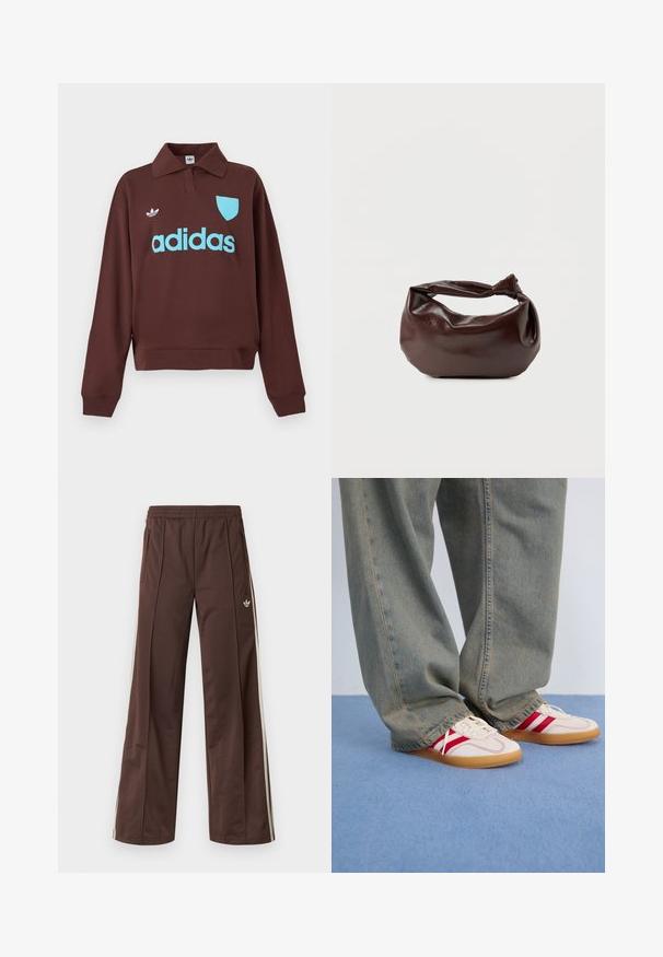 Brauner Pullover mit Polo-Kragen, versehen mit einem hellblauen "adidas"-Logo und einem Wappendetail, aus weichem Stoff mit lässiger Passform.; Braune Sporthose mit weitem Bein, weißen Seitenstreifen, elastischem Bund und zwei Seitentaschen. Mit kleinem Logo am Bein.; Weiße Sneaker mit roten Streifen, Obermaterial aus strukturiertem Canvas, runde Zehenpartie, flache Gummisohle, kombiniert mit lockeren, ausgebleichten blauen Jeanshosen.; Dunkelbraune Lederschultertasche mit weicher, lockerer Form und einem gedrehten Knotengriff vor schlichtem weißem Hintergrund.