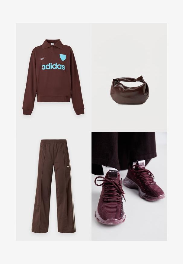 Sweat-shirt marron avec un col polo, présentant un logo "adidas" bleu clair et un détail de blason, fabriqué en tissu doux avec une coupe décontractée.; Pantalon de sport marron à jambes larges, avec des bandes blanches sur les côtés, une taille élastique et deux poches latérales. Présente un petit logo sur la jambe.; Baskets bordeaux avec tige en mesh, détails texturés, lacets ronds et semelle en caoutchouc transparent ; présente un logo sur la langue et le talon.; Sac bandoulière en cuir marron foncé avec une forme souple et décontractée et une anse nouée torsadée sur un fond blanc uni.