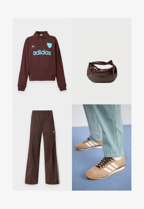 Brun sweatshirt med polo krave, der har en lys blå "adidas" logo og skjolddetalje, lavet af blødt stof med en afslappet pasform.; Brune atletiske bukser med vidde ben, hvide striber på siden, elastisk linning og to sidelommer. Har et lille logo på benet.; Tan ruskind og mesh sneakers med brune snørebånd og tre hvide striber. Parret med grønne og hvide stribede bukser, hviler på en blå overflade.; Mørkebrun læder skuldertaske med en blød, afslappet form og et snoet knudehåndtag på en ensartet hvid baggrund.