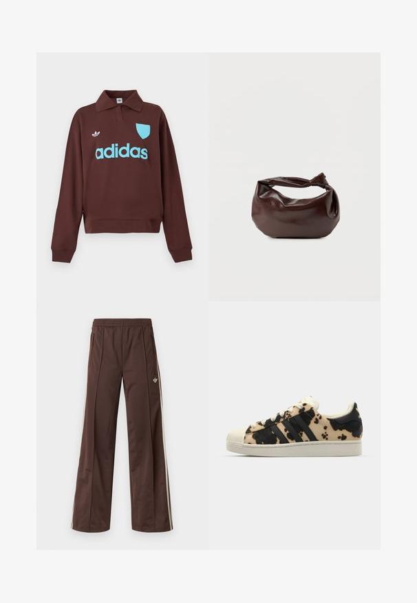 Pruun kapuutsiga särk, millel on polo krae, kerge sinise "adidase" logo ja kilbi detailiga, valmistatud pehmest kangast ning mugava lõikega.; Pruunid sportpüksid laiade säärtega, valgete küljeribadega, elastse vöökohaga ja kahe küljetaskuga. Jalal on väike logo.; Beige ja musta lehmavillakujutusega tennisekingad, millel on kolm musta triipu, valge kummist varvaste kaitse ja tekstureeritud tallad. Omab paelu ja brändimist.; Tumepruunast nahast õlakott, pehme ja lõdva vormiga, keeratud sõlme tüüpi sangaga, valgel ühevärvilisel taustal.