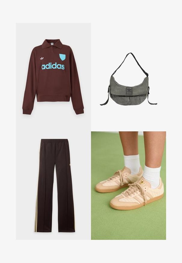 Brun sweatshirt med polo krave, der har en lys blå "adidas" logo og skjolddetalje, lavet af blødt stof med en afslappet pasform.; Sorte træningsbukser med gule sidelister, elastisk taljebånd, lynlåslommer i siderne og en lille logo på den øvre lår.; Fødder iført beige vævede Adidas sneakers med gummisåler og hvide ankelsokker på en grøn struktureret gulv.; Grå stof Adidas skuldertaske med sort justerbar rem og frontklap med Adidas-logo.