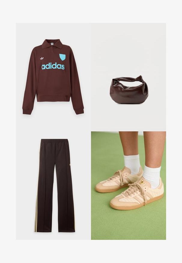 Brun sweatshirt med polo krave, der har en lys blå "adidas" logo og skjolddetalje, lavet af blødt stof med en afslappet pasform.; Sorte træningsbukser med gule sidelister, elastisk taljebånd, lynlåslommer i siderne og en lille logo på den øvre lår.; Fødder iført beige vævede Adidas sneakers med gummisåler og hvide ankelsokker på en grøn struktureret gulv.; Mørkebrun læder skuldertaske med en blød, afslappet form og et snoet knudehåndtag på en ensartet hvid baggrund.