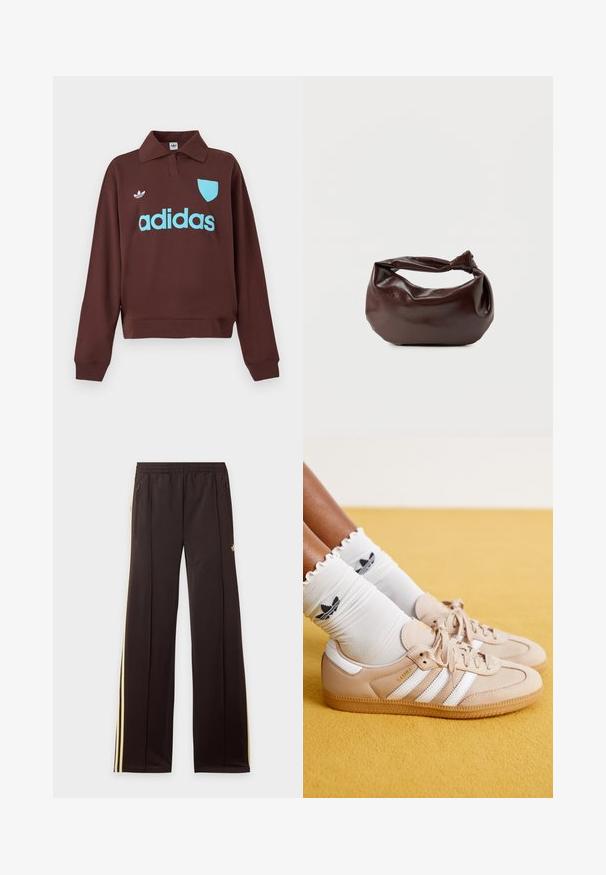 Brun sweatshirt med polo krave, der har en lys blå "adidas" logo og skjolddetalje, lavet af blødt stof med en afslappet pasform.; Sorte træningsbukser med gule sidelister, elastisk taljebånd, lynlåslommer i siderne og en lille logo på den øvre lår.; Beige lædersneakers med hvide striber og guld branding, parret med hvide rynkede sokker med et sort logo. Tekstureret gummisål.; Mørkebrun læder skuldertaske med en blød, afslappet form og et snoet knudehåndtag på en ensartet hvid baggrund.