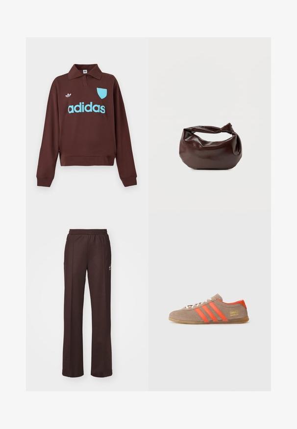 Brun sweatshirt med polo krave, der har en lys blå "adidas" logo og skjolddetalje, lavet af blødt stof med en afslappet pasform.; Brune træningsbukser med elastisk talje, to sidelommer og et lille logo på venstre side, lavet af et blødt stof.; Brune ruskinds sneakers med tre klare orange striber, snørebånd foran og gyldent "Gazelle" branding på siden. Flad gummi sål.; Mørkebrun læder skuldertaske med en blød, afslappet form og et snoet knudehåndtag på en ensartet hvid baggrund.