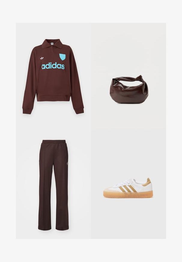 Brun sweatshirt med polo krave, der har en lys blå "adidas" logo og skjolddetalje, lavet af blødt stof med en afslappet pasform.; Brune træningsbukser med elastisk talje, to sidelommer og et lille logo på venstre side, lavet af et blødt stof.; Hvide sneakers med beige accenter, der har tre striber, en rund tå og en gennemsigtig gummisål. Glat læder og tekstilmaterialer.; Mørkebrun læder skuldertaske med en blød, afslappet form og et snoet knudehåndtag på en ensartet hvid baggrund.