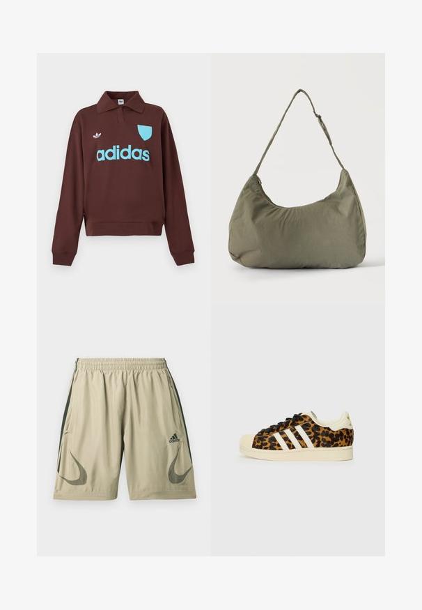 Brun sweatshirt med polo krave, der har en lys blå "adidas" logo og skjolddetalje, lavet af blødt stof med en afslappet pasform.; Lysebeige atletikshorts lavet af letvægtsstof, med mørkegrønne stripes langs siderne, elastisk taljebånd og logo-accenter.; Sneakers med leopardmønster, sorte snørebånd, hvidt design med tre striber, cremefarvet gummitå og sål samt tekstureret overmateriale.; Skuldertaske i blødt olivengrønt stof med lynlås og justerbar rem på ensfarvet, lyst baggrund.