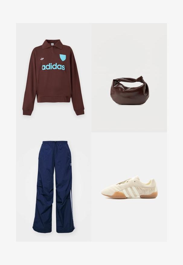 Pruun kapuutsiga särk, millel on polo krae, kerge sinise "adidase" logo ja kilbi detailiga, valmistatud pehmest kangast ning mugava lõikega.; Tumesinised, kergekaalulised püksid elastse vöökoha ja nööriga, millel on valged küljeribad ja väike logo ees. Lahtise lõikega.; Madalprofiilne beežid tossud kolme valge triibu, tekstuuriga seemisnahast külgdetailide, kummisest tallaga ja paeltega kinnitusega ühevärvilisel taustal.; Tumepruunast nahast õlakott, pehme ja lõdva vormiga, keeratud sõlme tüüpi sangaga, valgel ühevärvilisel taustal.